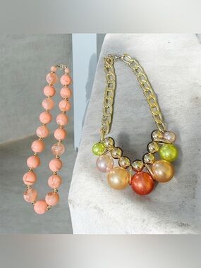 Gold Chain Necklace with Coral and Multicolor Bead Accents - Women Jewelry